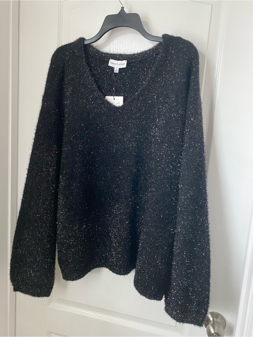 Gibson Latimer Black Metallic Fuzzy V-Neck Sweater